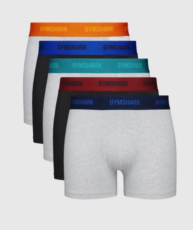 Gymshark Boxers 5 PK - Black/Vintage Blue/Spiced Red/Light Grey Core Marl/Navy/Seafoam Blue/Charred Orange sold by Gymshark