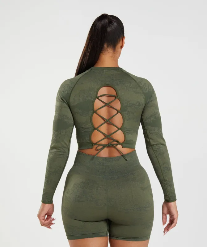 Gymshark Adapt Camo Seamless Lace Up Back Top - Moss Olive/Core Olive sold by Gymshark
