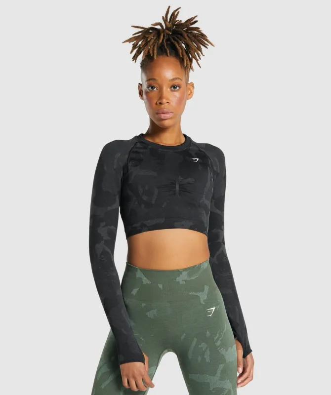Gymshark Adapt Camo Seamless Long Sleeve Crop Top - Savanna | Black sold by Gymshark
