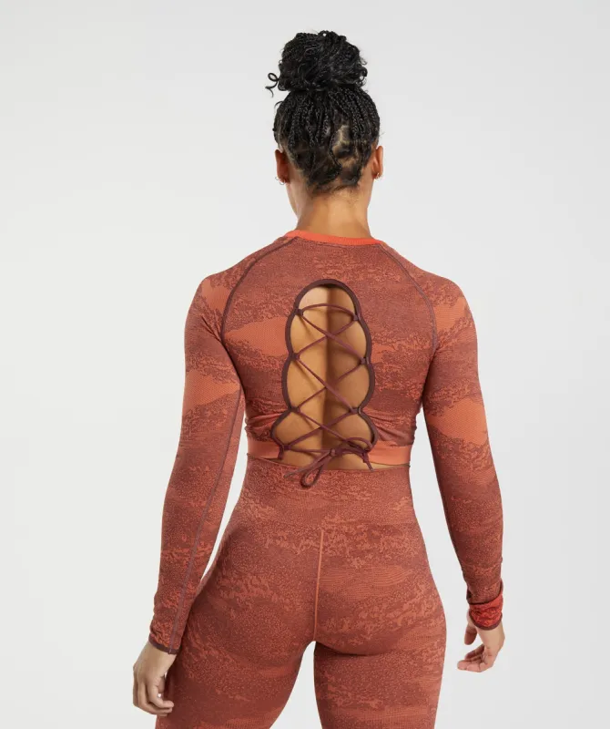 Gymshark Adapt Camo Seamless Lace Up Back Top - Storm Red/Cherry Brown sold by Gymshark