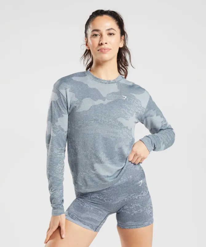 Gymshark Adapt Camo Seamless Long Sleeve Top - Lava | River Stone Grey/Evening Blue sold by Gymshark