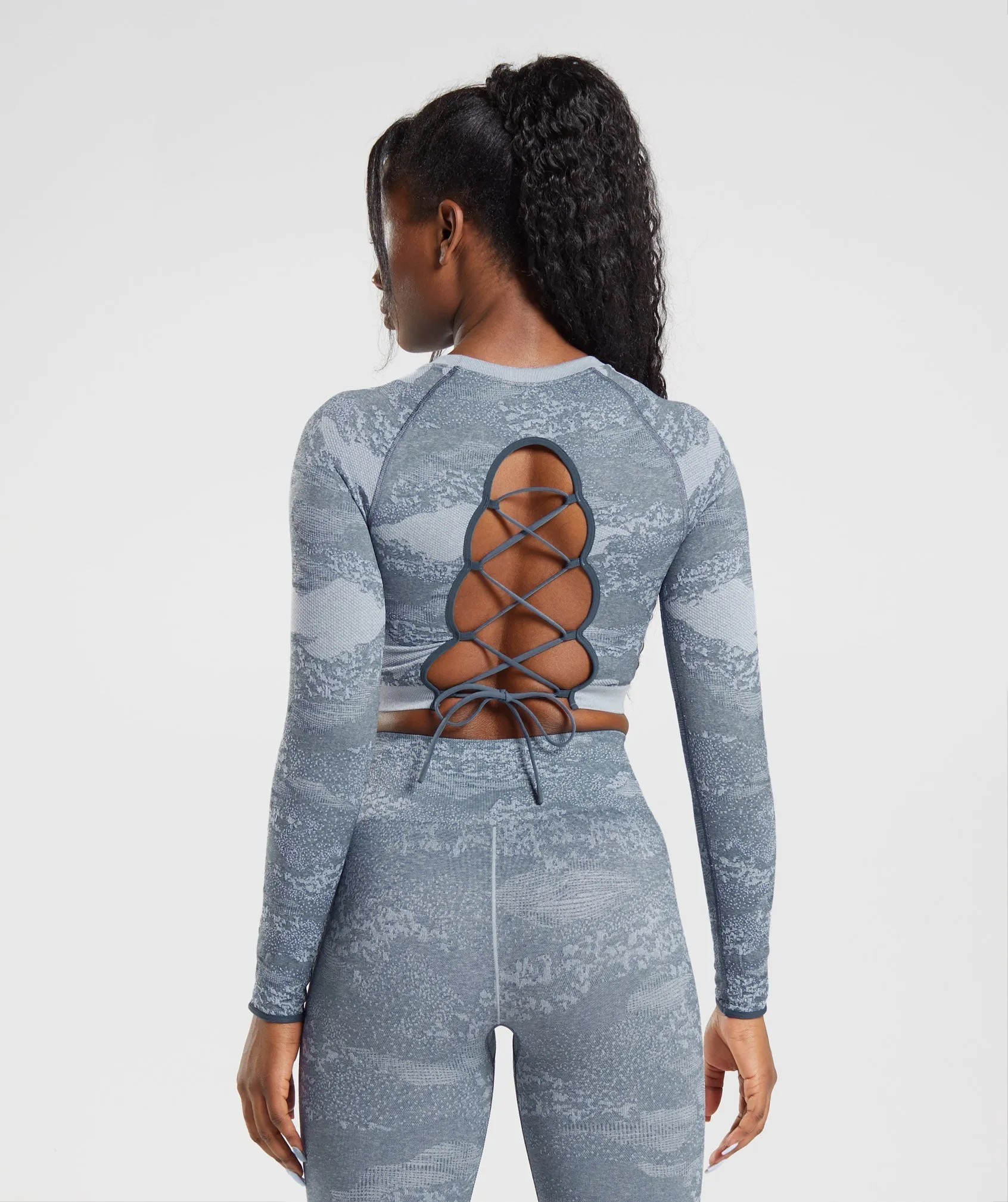 Gymshark Adapt Camo Seamless Lace Up Back Top - Lava | River Stone Grey/Evening Blue sold by Gymshark product image thumbnail 2