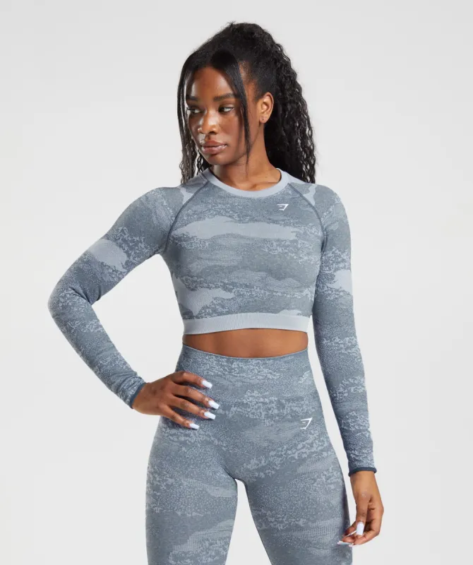 Gymshark Adapt Camo Seamless Lace Up Back Top - Lava |  River Stone Grey/Evening Blue sold by Gymshark