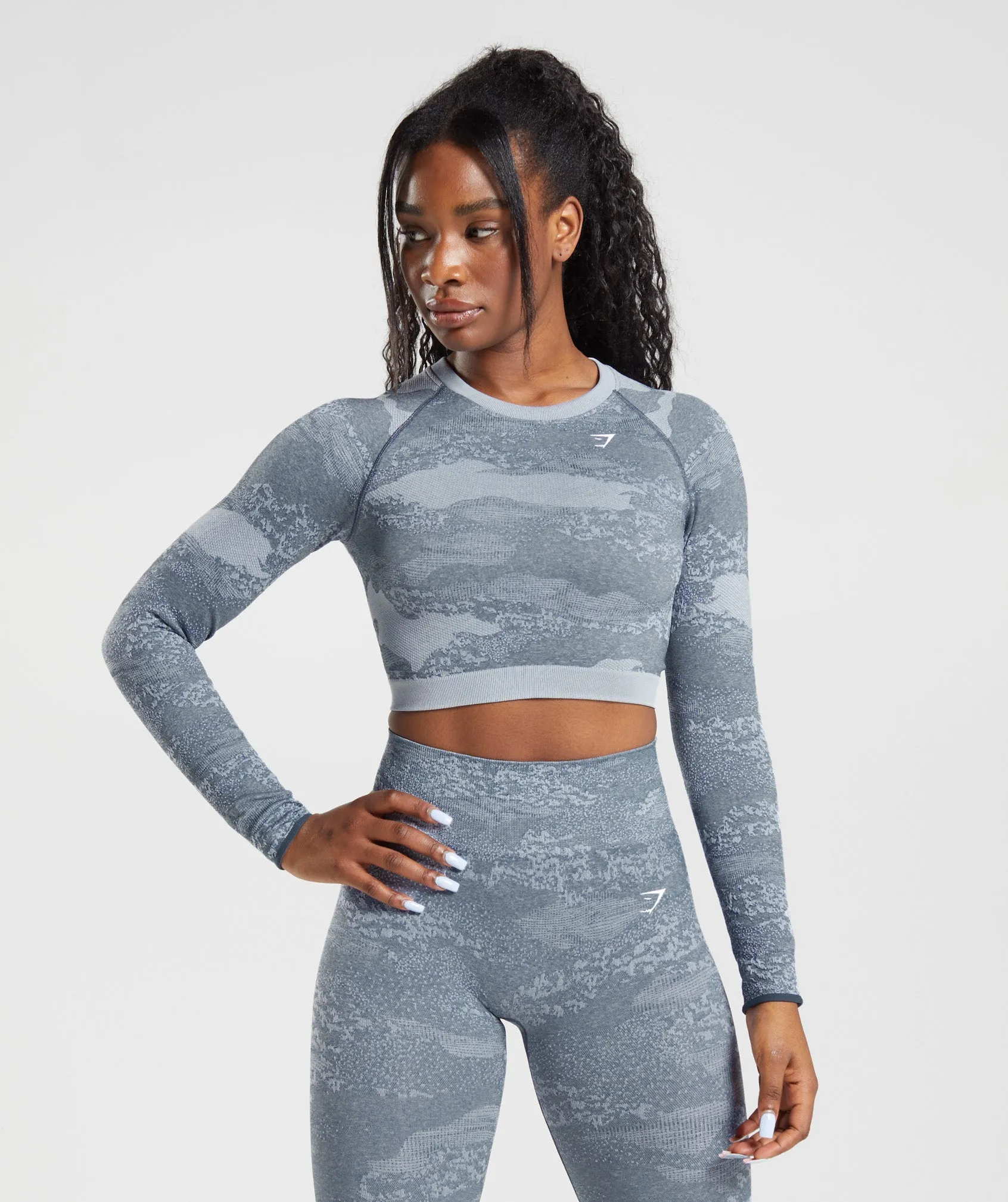 Gymshark Adapt Camo Seamless Lace Up Back Top - Lava | River Stone Grey/Evening Blue sold by Gymshark