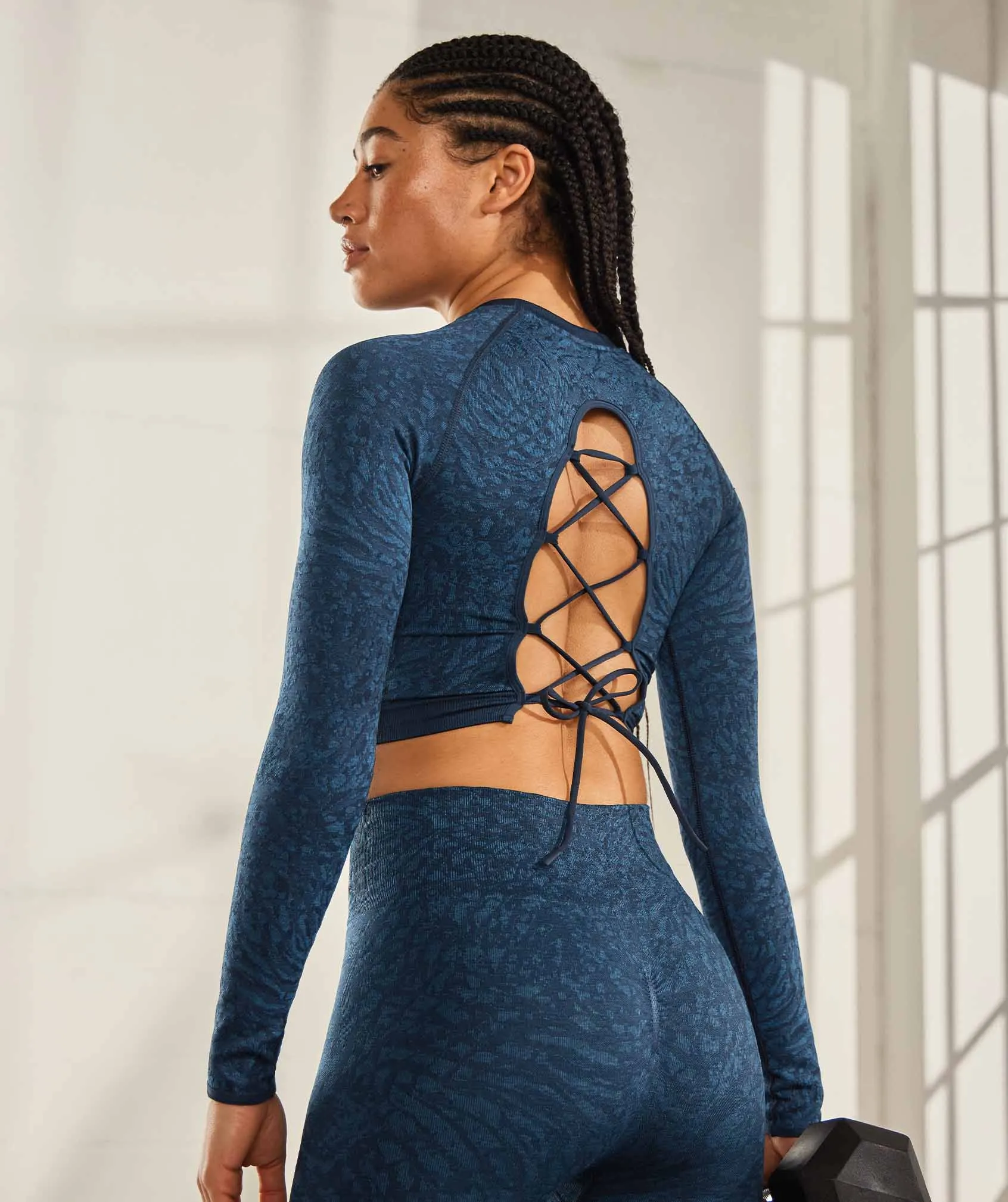Gymshark Adapt Animal Seamless Lace Up Back Top - Wild | Navy sold by Gymshark