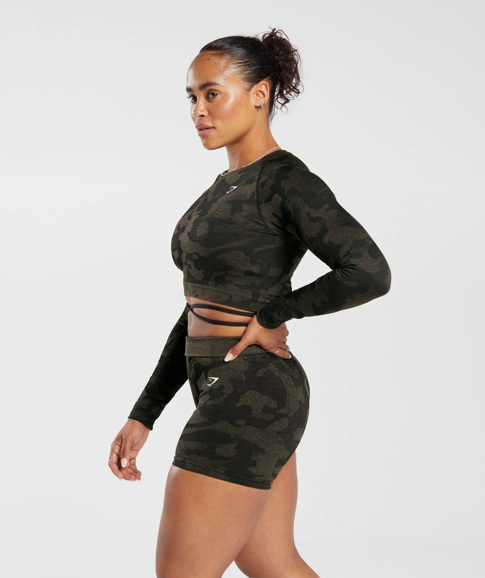 Gymshark Adapt Camo Seamless Ribbed Long Sleeve Crop Top - Black/Camo Brown sold by Gymshark product image thumbnail 3