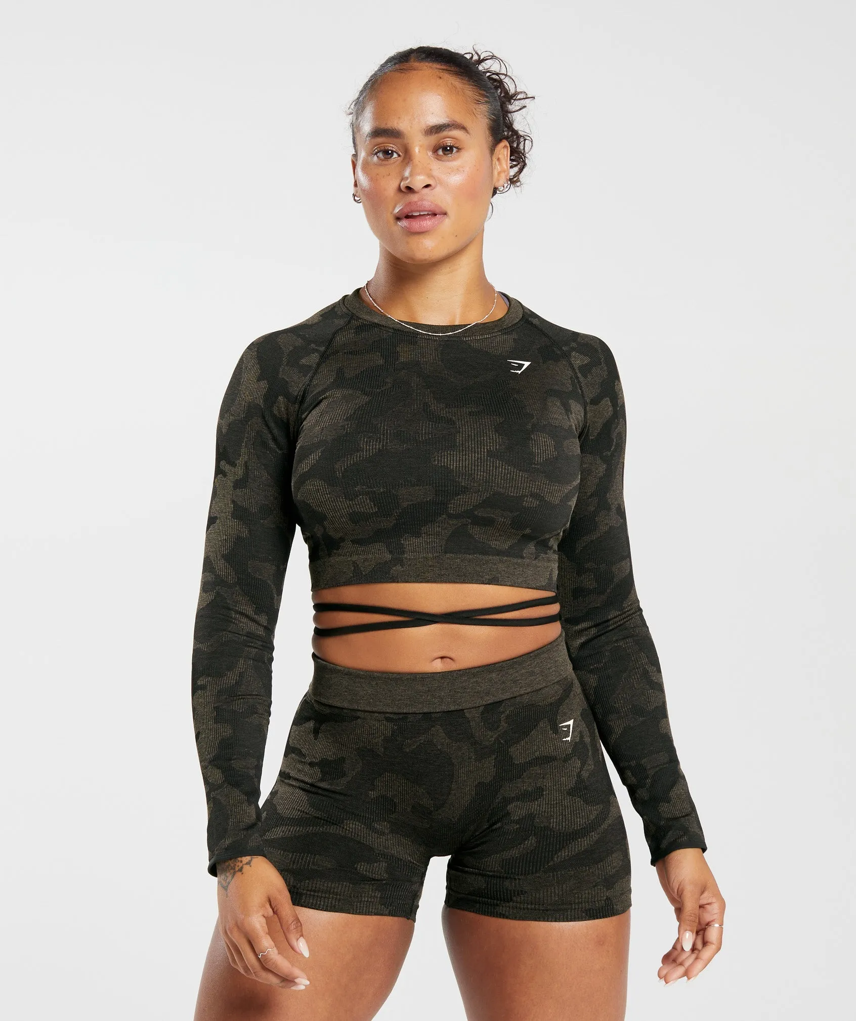 Gymshark Adapt Camo Seamless Ribbed Long Sleeve Crop Top - Black/Camo Brown sold by Gymshark