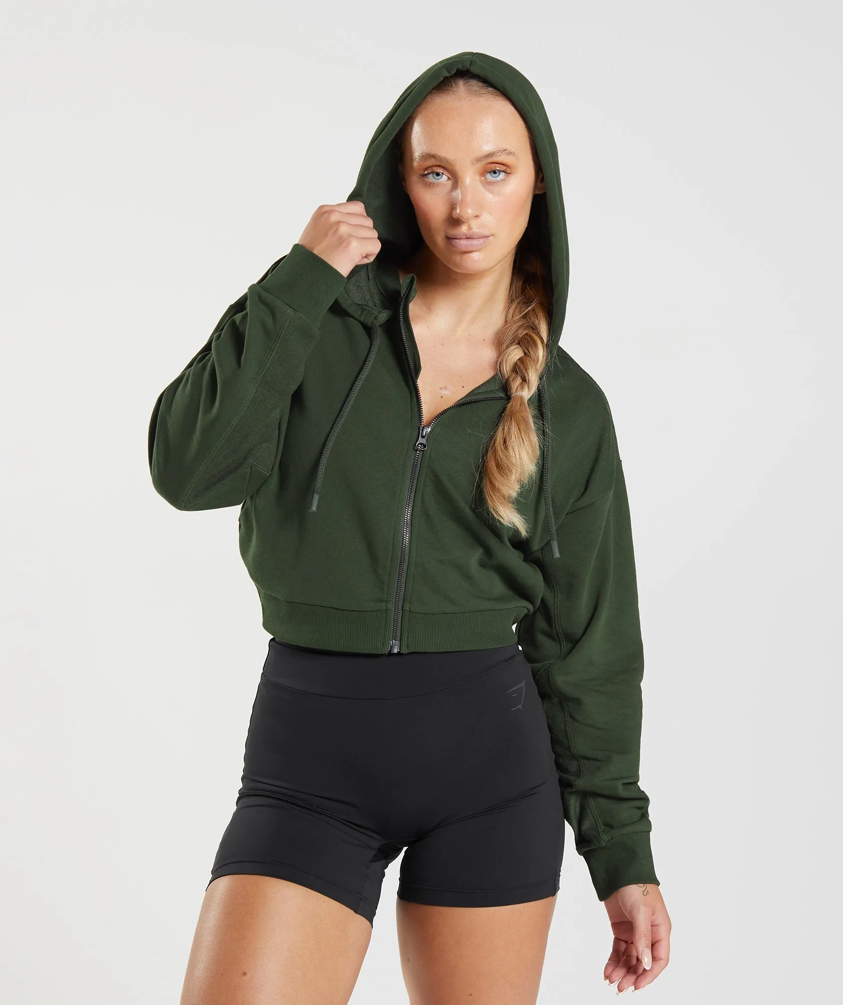 GS Power Cropped Zip Hoodie - Moss Olive sold by Gymshark