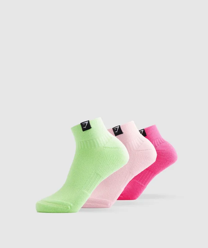Gymshark Woven Tab Sneaker Socks 3pk - Kiwi Green/Sweet Pink/Fluo Fuchsia sold by Gymshark