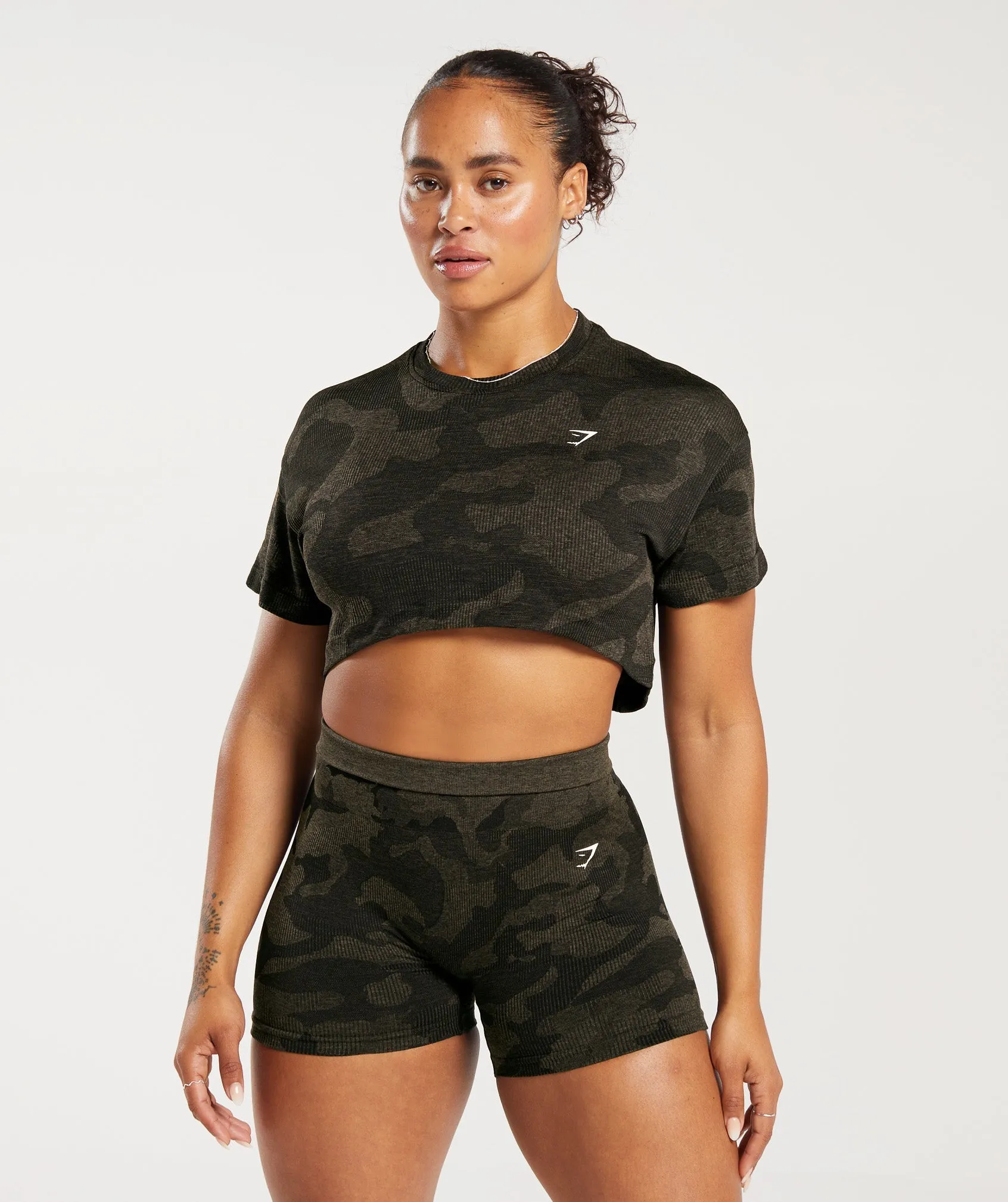 Gymshark Adapt Camo Seamless Ribbed Crop Top - Black/Camo Brown sold by Gymshark
