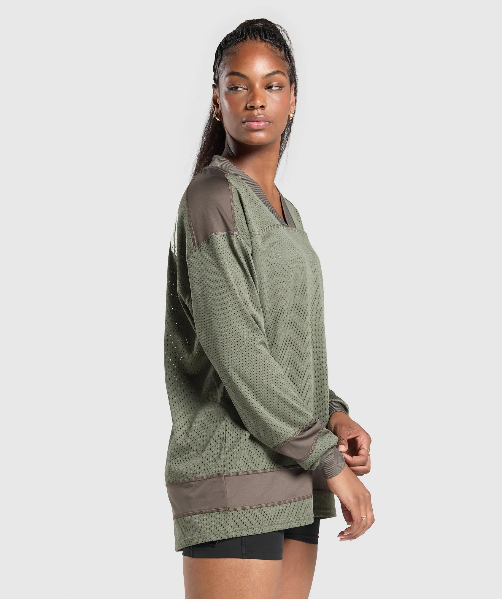 Gymshark Mesh Long Sleeve Varsity Top - Base Green/Camo Brown sold by Gymshark product image thumbnail 3