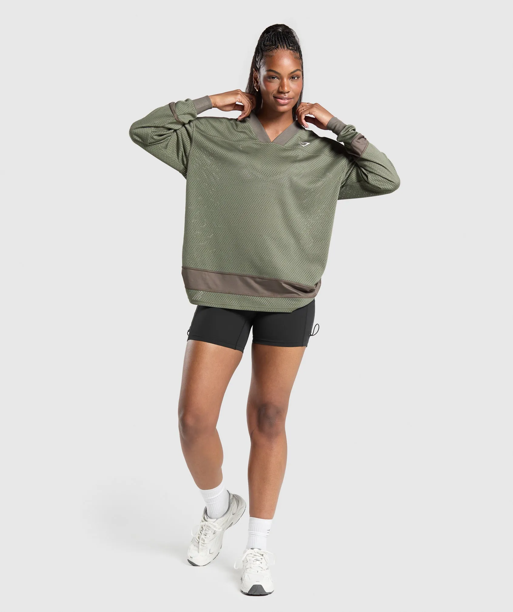 Gymshark Mesh Long Sleeve Varsity Top - Base Green/Camo Brown sold by Gymshark product image thumbnail 4