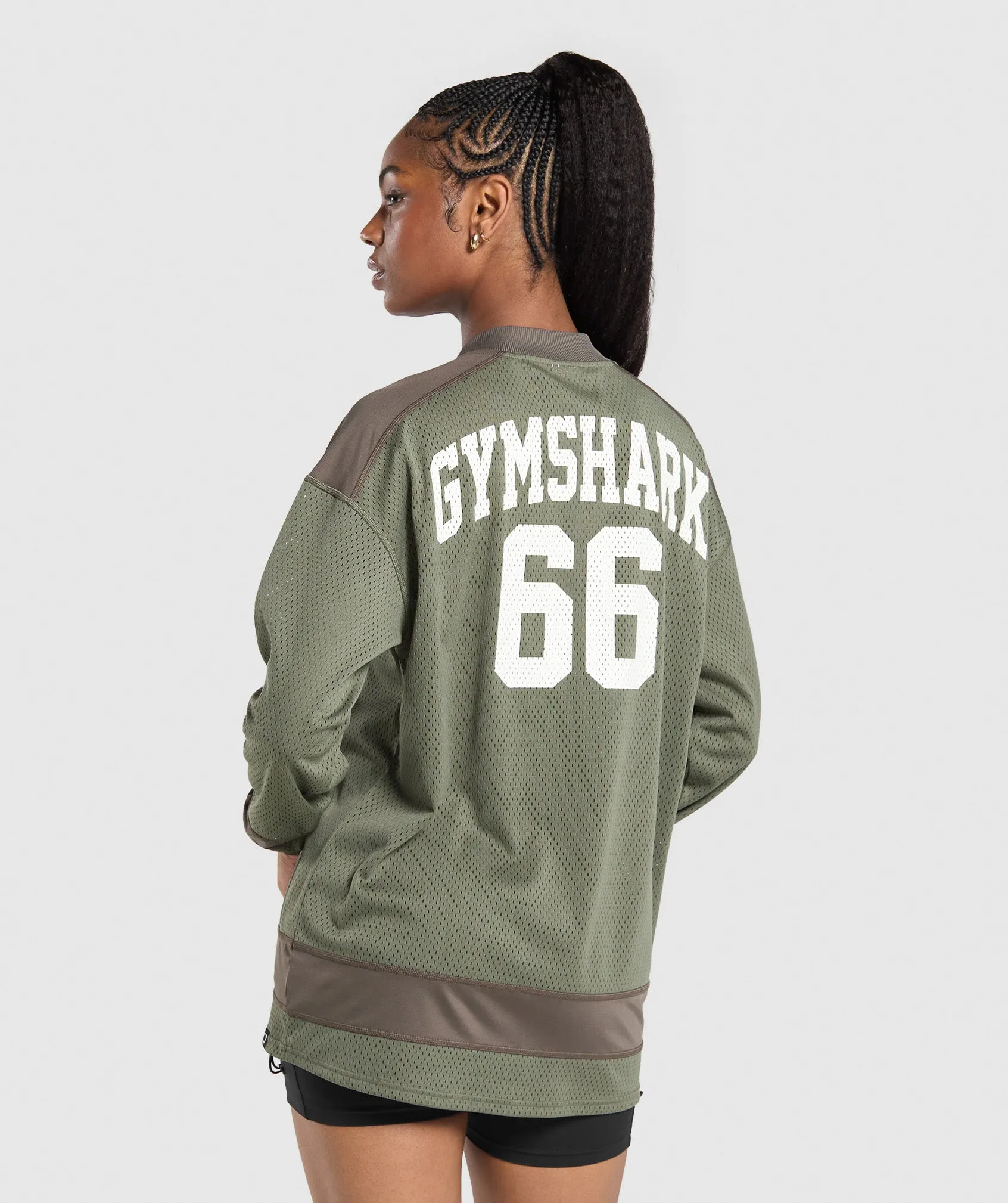 Gymshark Mesh Long Sleeve Varsity Top - Base Green/Camo Brown sold by Gymshark