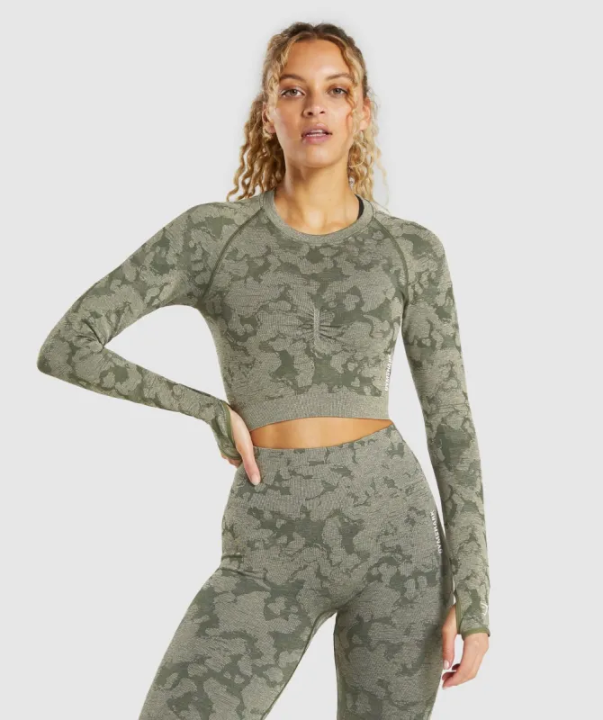 Gymshark Adapt Camo Seamless Long Sleeve Crop Top - Green sold by Gymshark