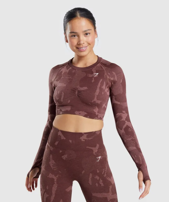 Gymshark Adapt Camo Seamless Long Sleeve Crop Top - Savanna | Cherry Brown sold by Gymshark