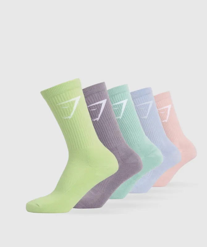 Gymshark Crew Socks 5pk - Sage Green/Silver Lilac/Lido Green/Purple/Pink sold by Gymshark