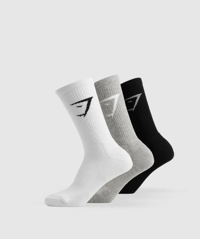 Gymshark Crew Socks 3pk - White/Light Grey Marl/Black sold by Gymshark
