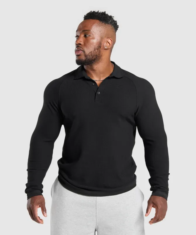 Gymshark Long Sleeve Waffle Polo Shirt - Black sold by Gymshark