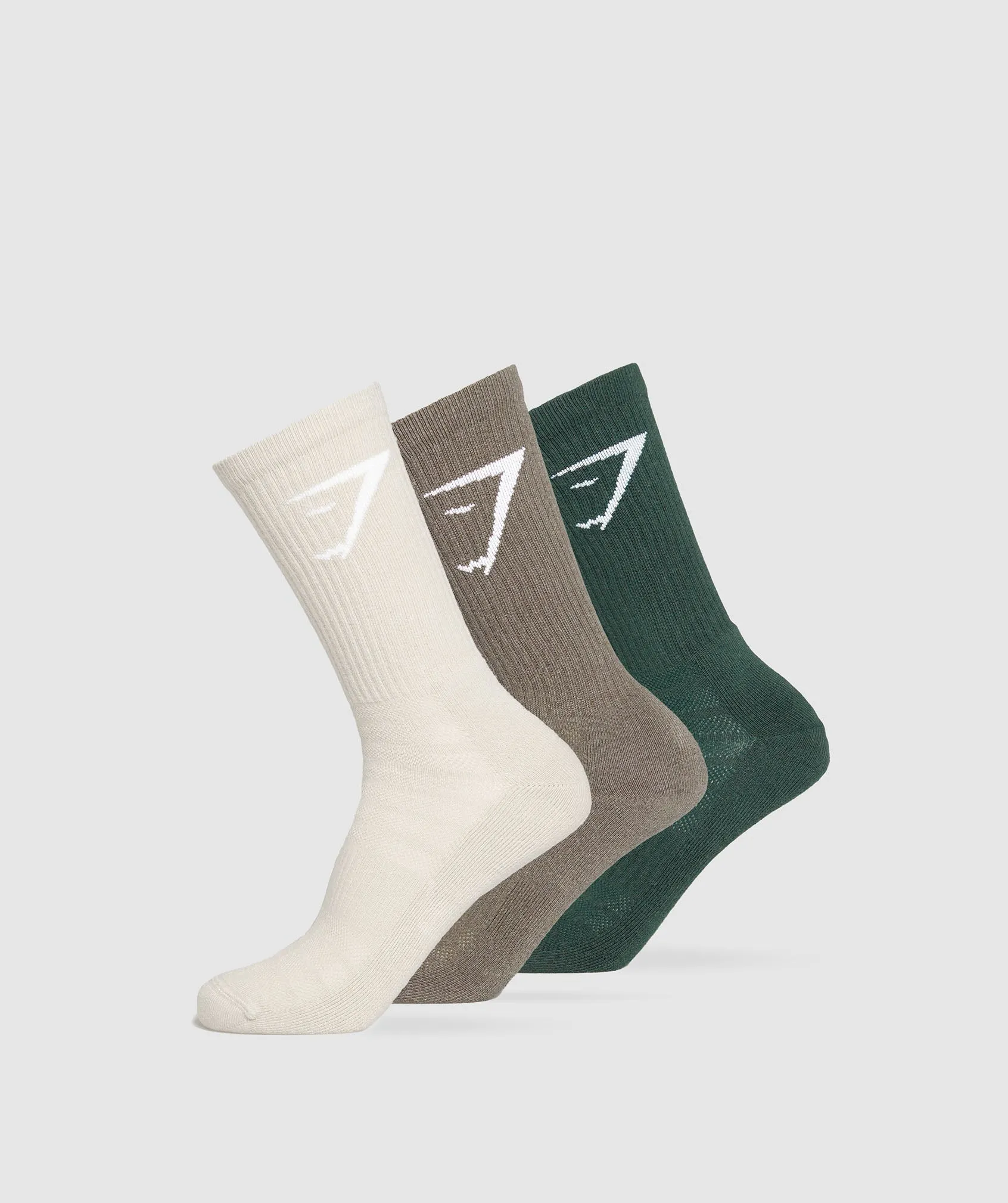 Gymshark Crew Socks 3pk - Victory Green/Camo Brown/Pebble Grey sold by Gymshark