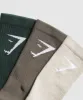 Gymshark Crew Socks 3pk - Victory Green/Camo Brown/Pebble Grey sold by Gymshark