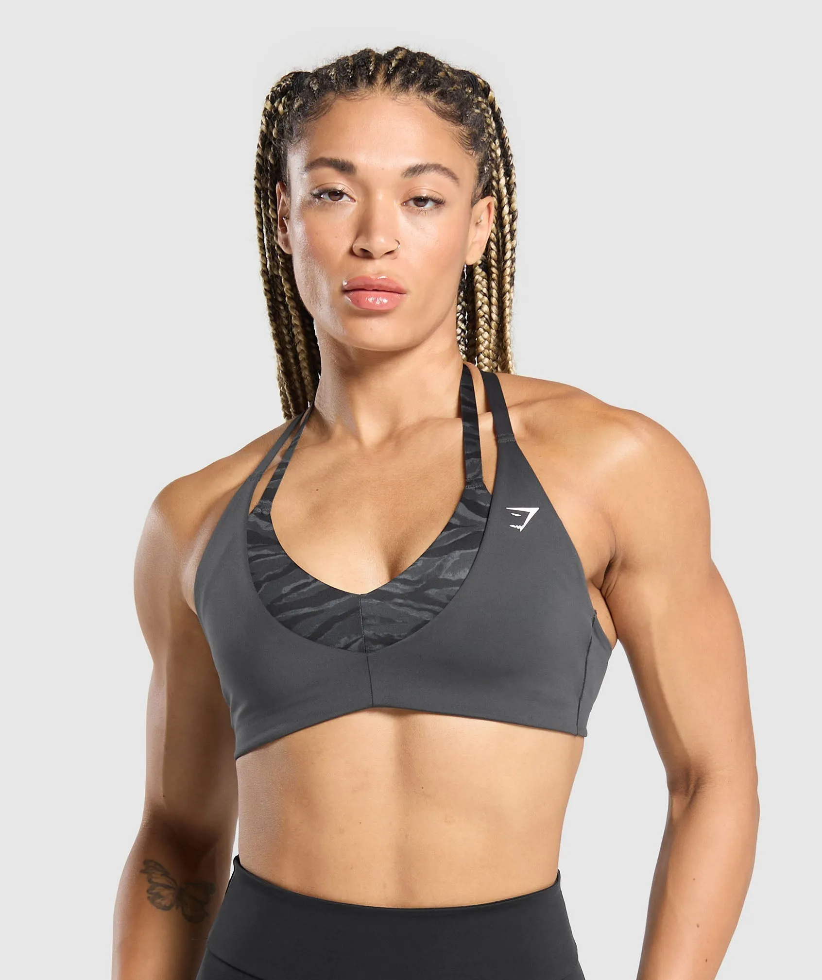 Gymshark Power x T Back Sports Bra - Asphalt Grey/Onyx Grey sold by Gymshark