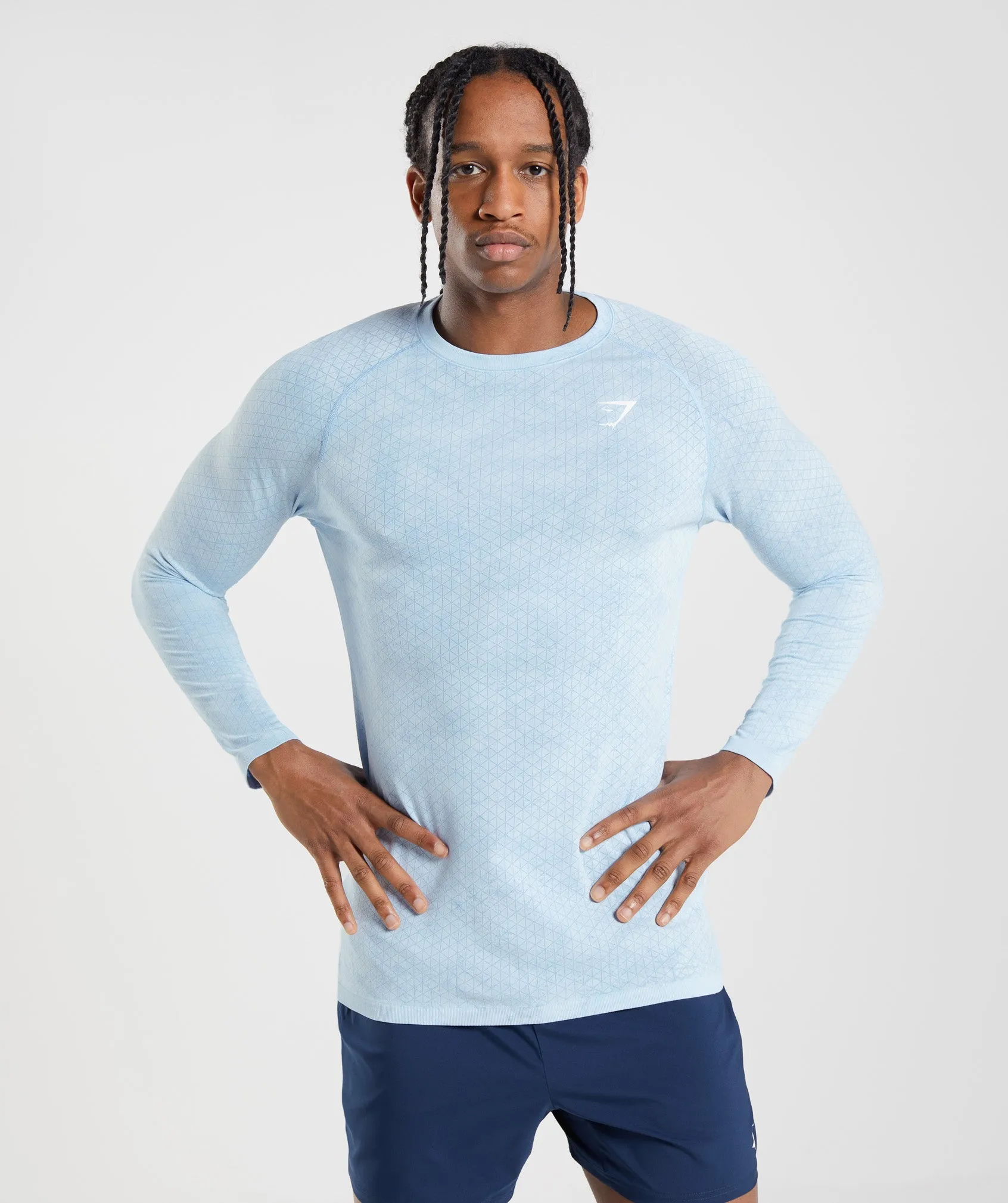 Gymshark Geo Seamless Long Sleeve T-Shirt - White/Moonstone Blue sold by Gymshark