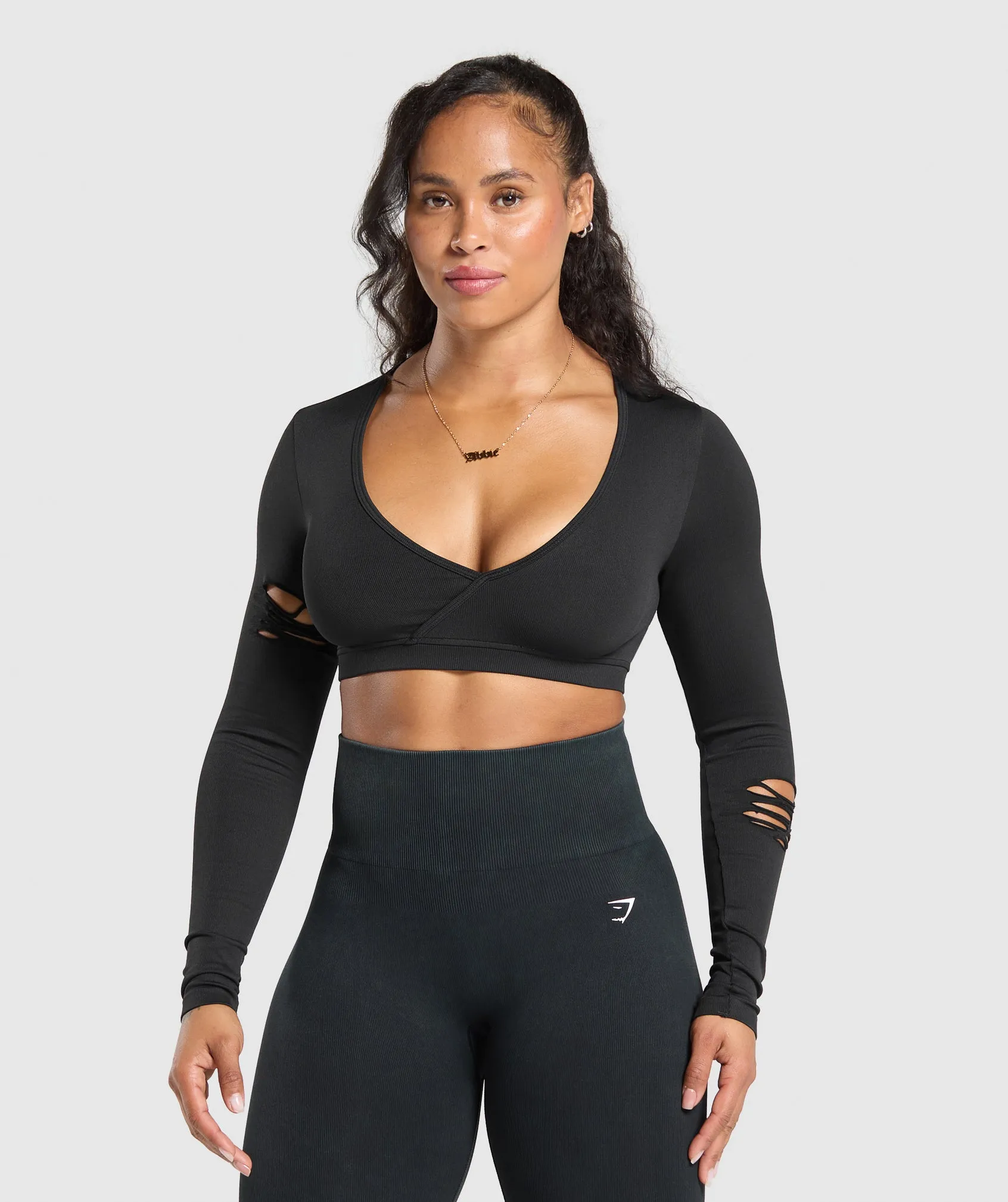 Gymshark Gains Seamless Distressed Super Crop Top - Black sold by Gymshark