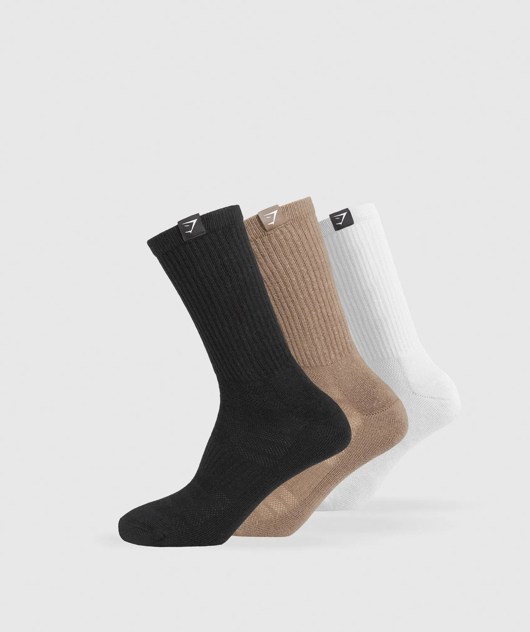 Gymshark Woven Tab Crew Sock 3pk- White/Soul Brown/Black sold by Gymshark