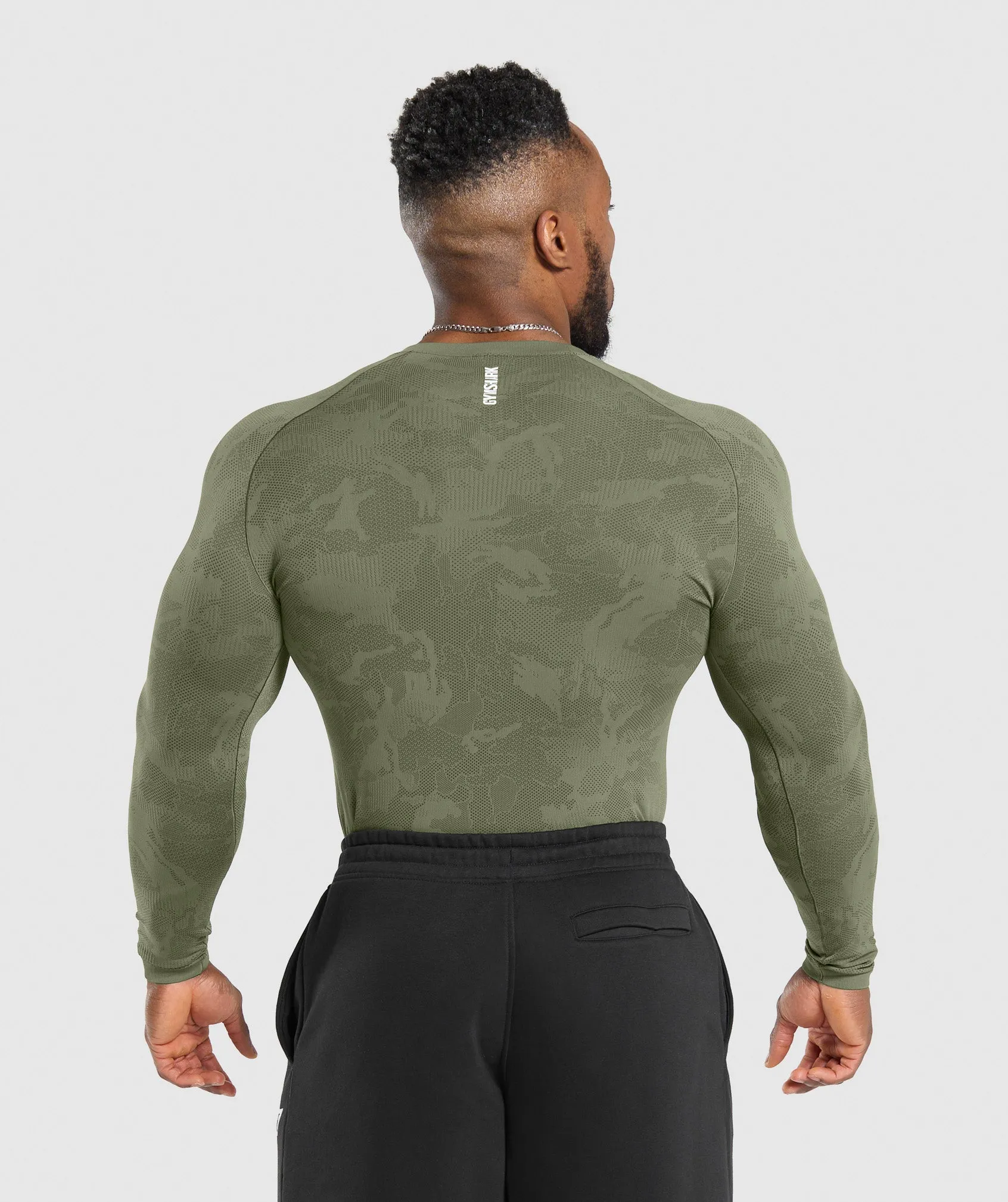 Gymshark Geo Seamless Long Sleeve T-Shirt - Core Olive/Deep Olive Green sold by Gymshark product image thumbnail 2