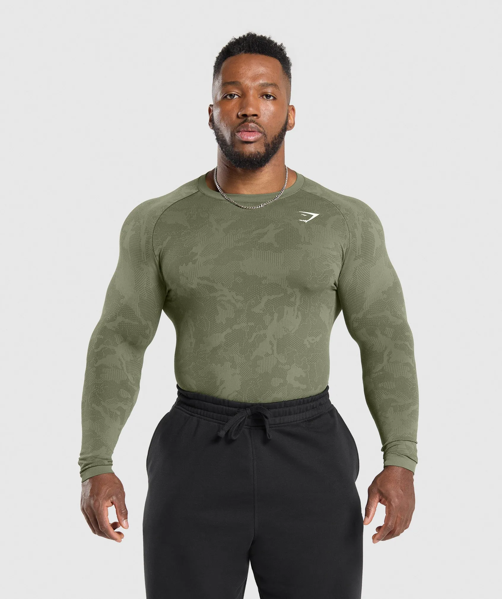 Gymshark Geo Seamless Long Sleeve T-Shirt - Core Olive/Deep Olive Green sold by Gymshark product image thumbnail 4