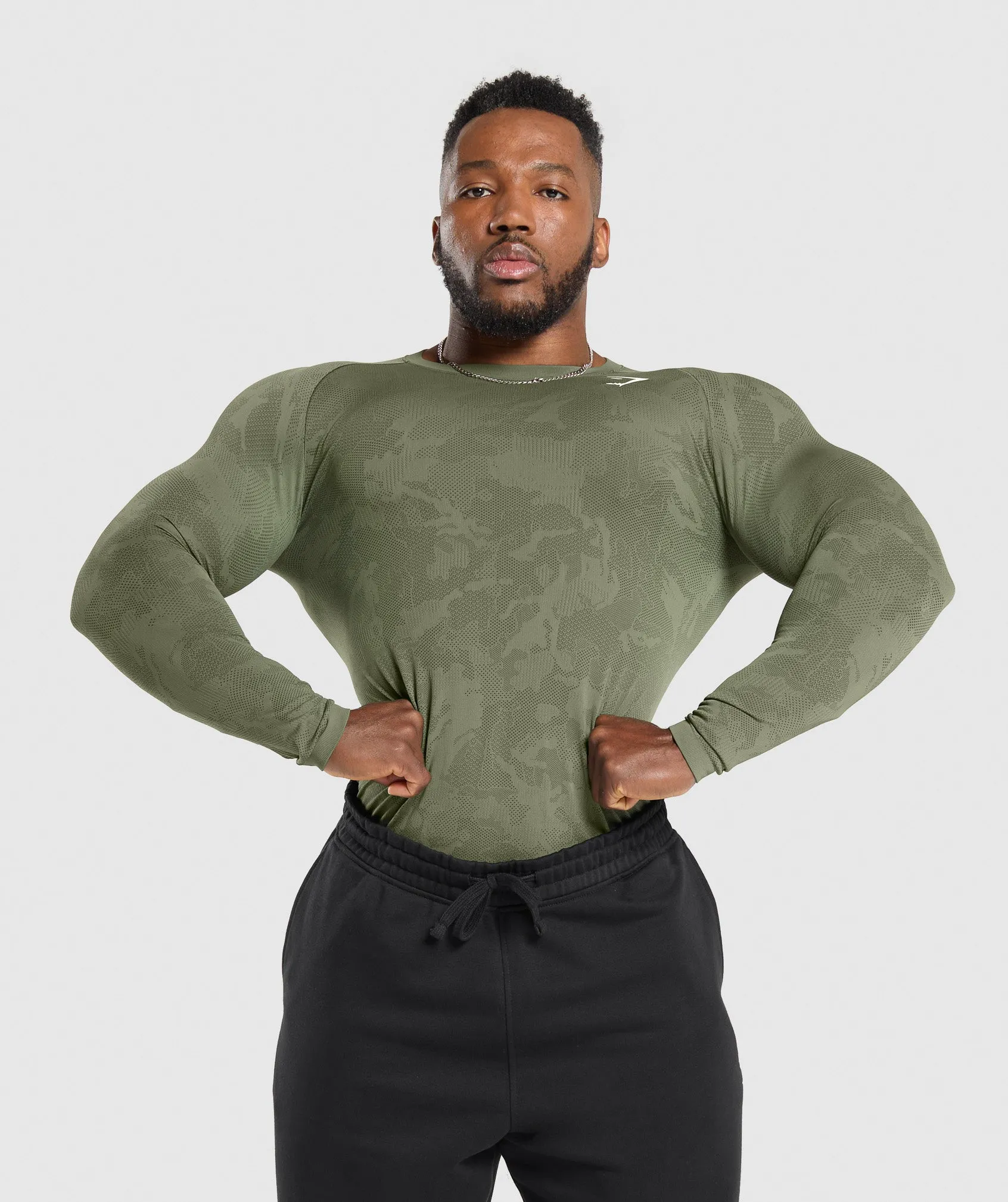Gymshark Geo Seamless Long Sleeve T-Shirt - Core Olive/Deep Olive Green sold by Gymshark
