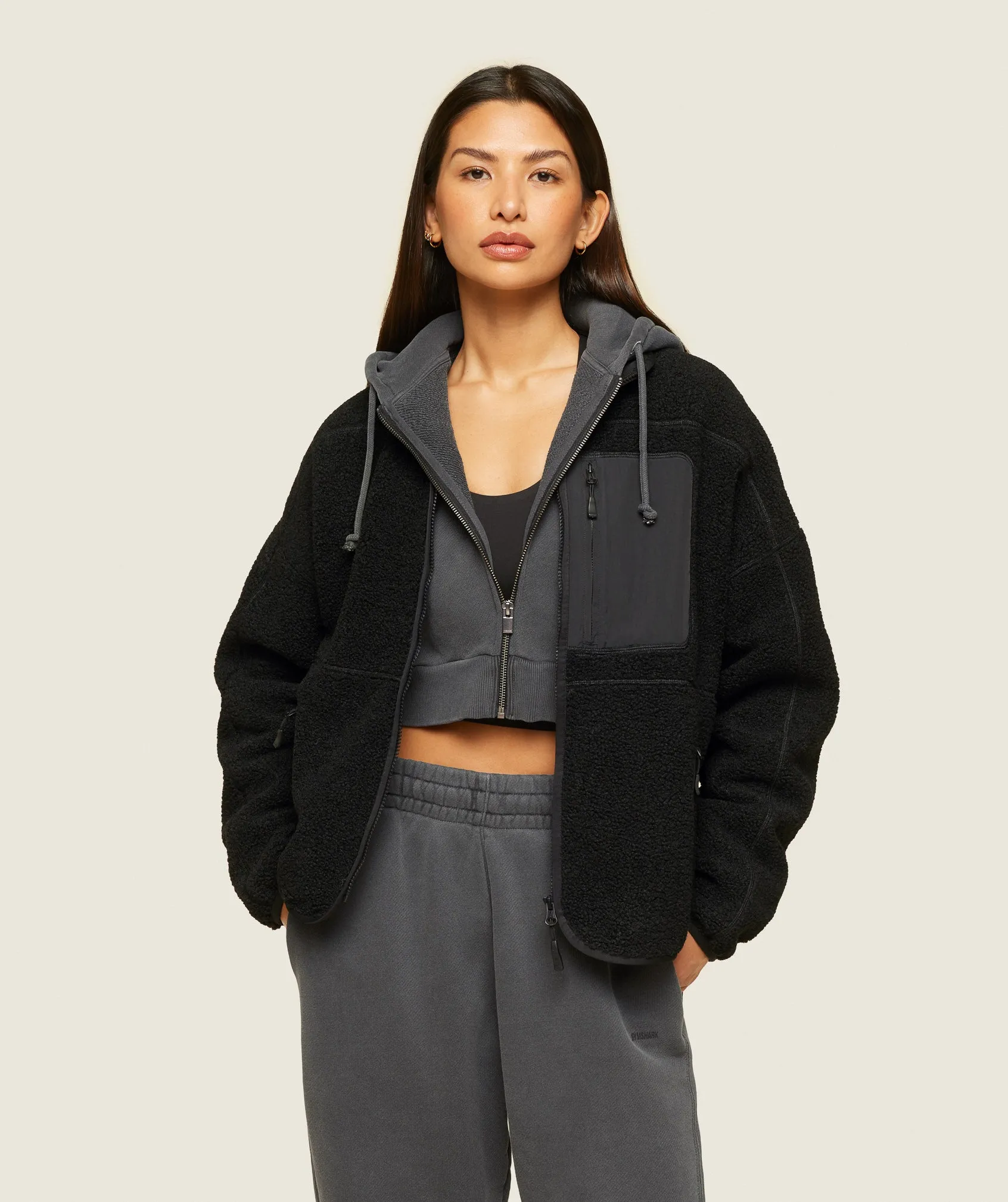 Gymshark Everywear Zip Up Sherpa Jacket - Black sold by Gymshark