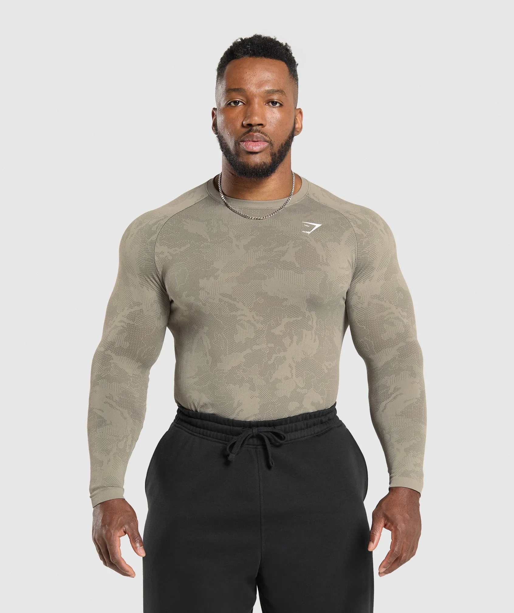Gymshark Geo Seamless Long Sleeve T-Shirt - Linen Brown/Camo Brown sold by Gymshark