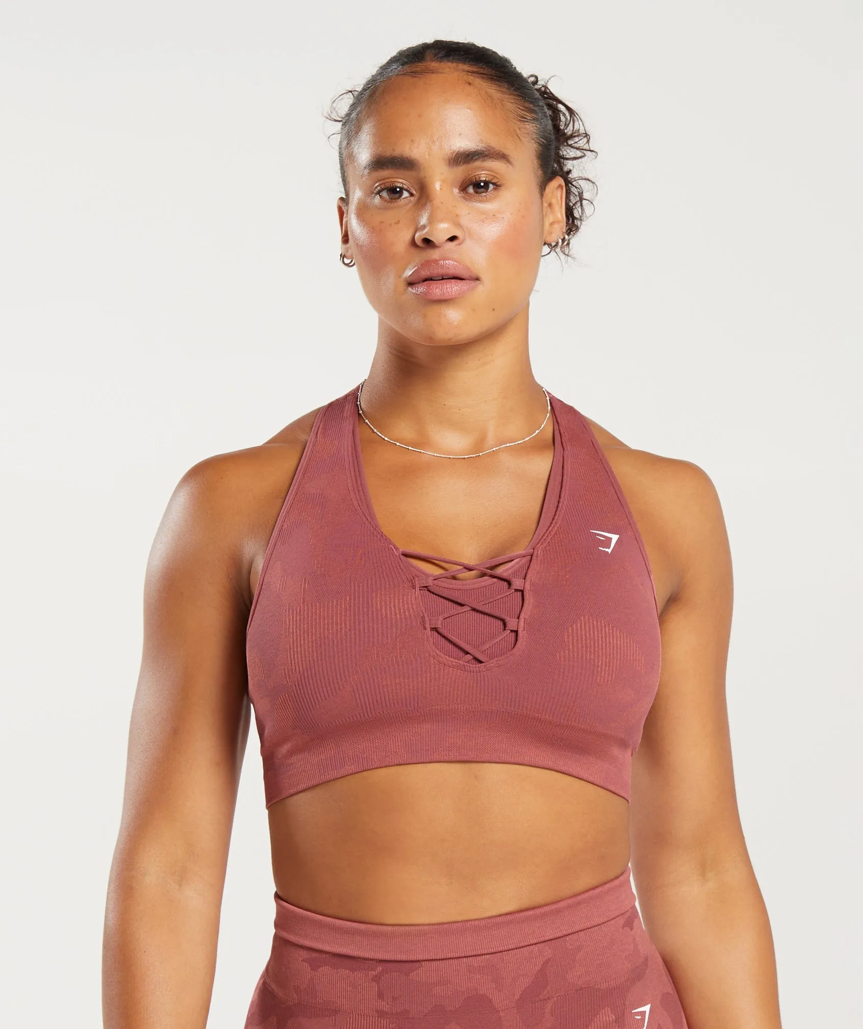 Gymshark Adapt Camo Seamless Ribbed Sports Bra - Soft Berry/Sunbaked Pink sold by Gymshark
