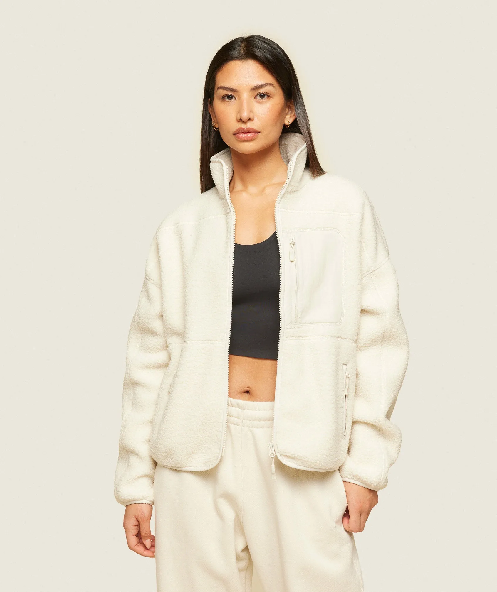 Gymshark everywear Zip Up Sherpa Jacket - Oat White sold by Gymshark