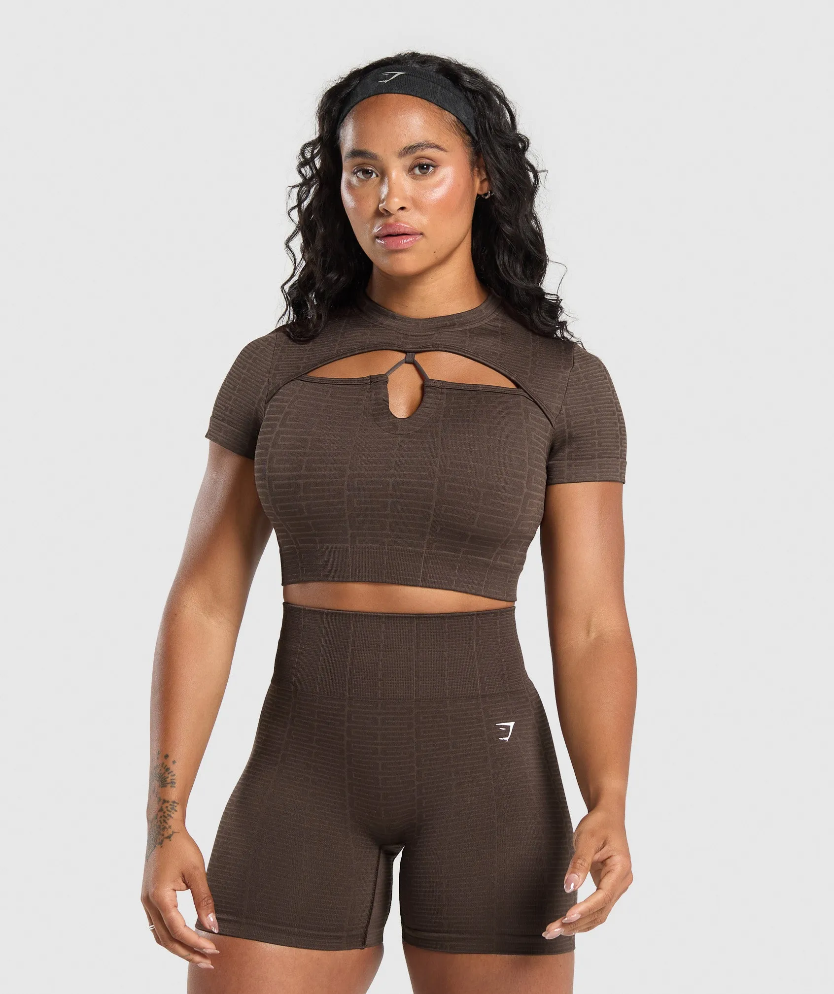 Gymshark Adapt Monogram Seamless Ruched Crop Top - Archive Brown/Soul Brown sold by Gymshark