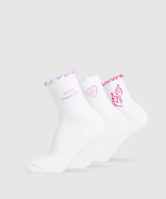 Gymshark Frill Midi Sock 3pk - White/Sour Pink/Active Purple/Winning Pink sold by Gymshark