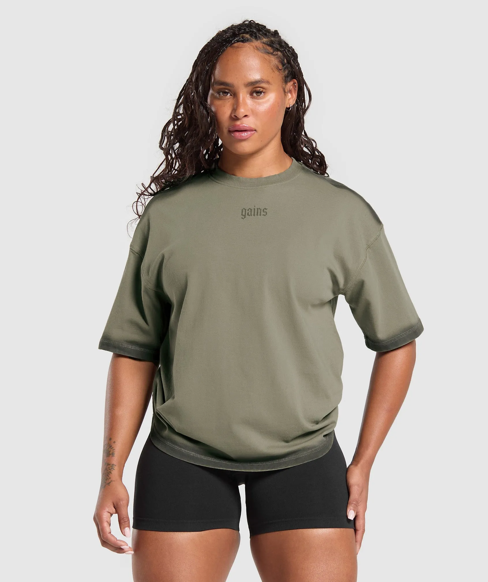 Gymshark Gains Washed Heavyweight Cotton T-Shirt - Base Green/Strength Green sold by Gymshark
