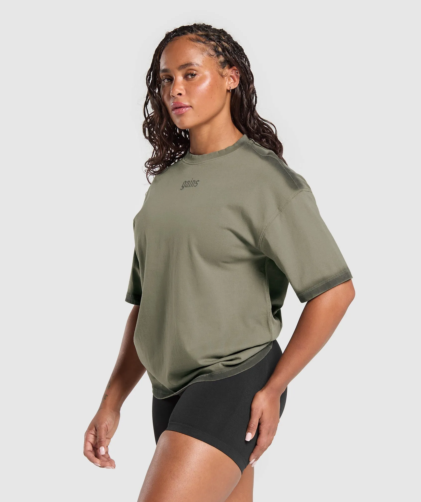 Gymshark Gains Washed Heavyweight Cotton T-Shirt - Base Green/Strength Green sold by Gymshark product image thumbnail 3