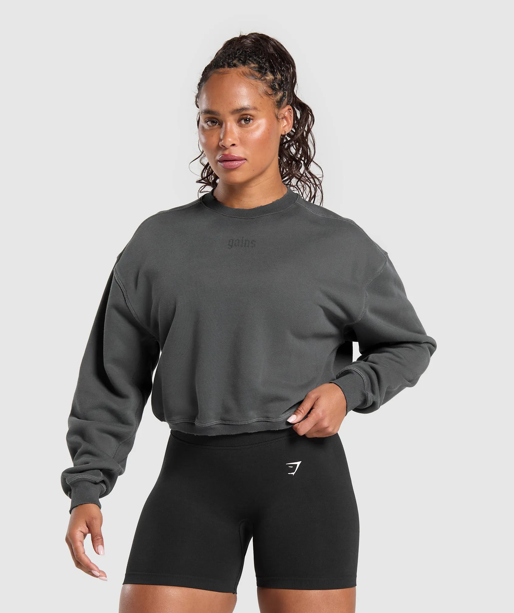 Gymshark Gains Washed Loopback Crew Neck - Asphalt Grey/Black sold by Gymshark