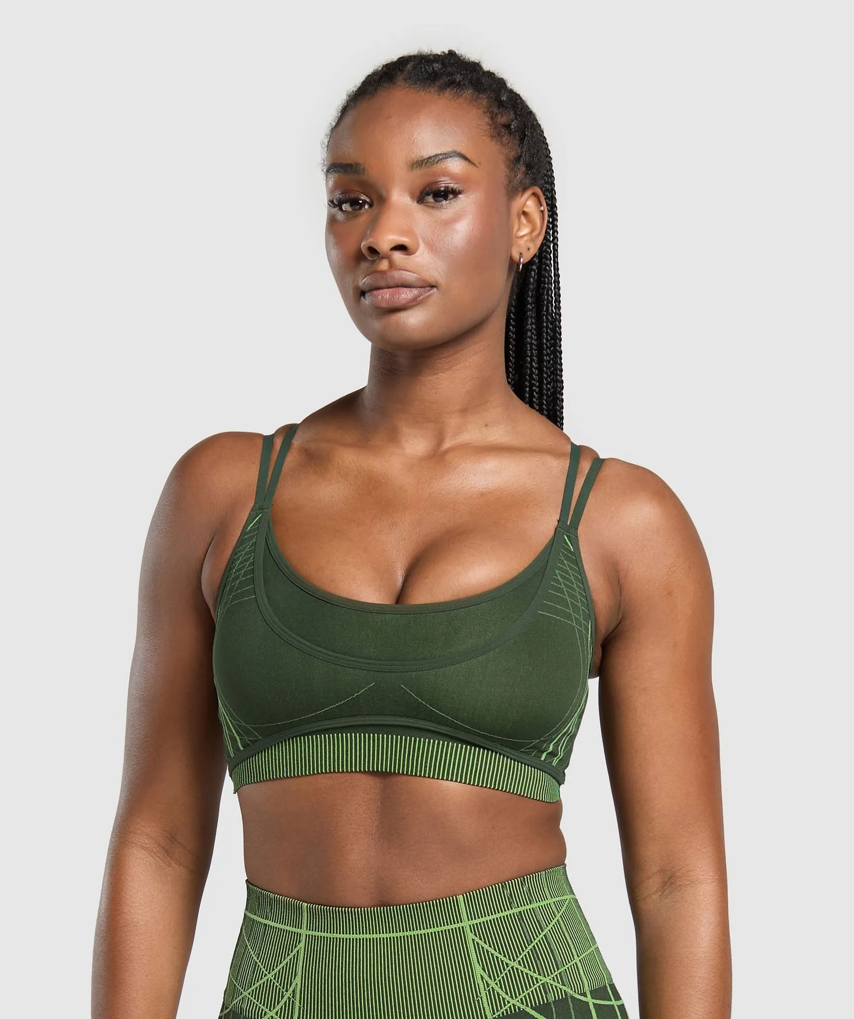 Gymshark Apex Seamless Strappy Sports Bra - Trail Green/Energy Gelato Green sold by Gymshark