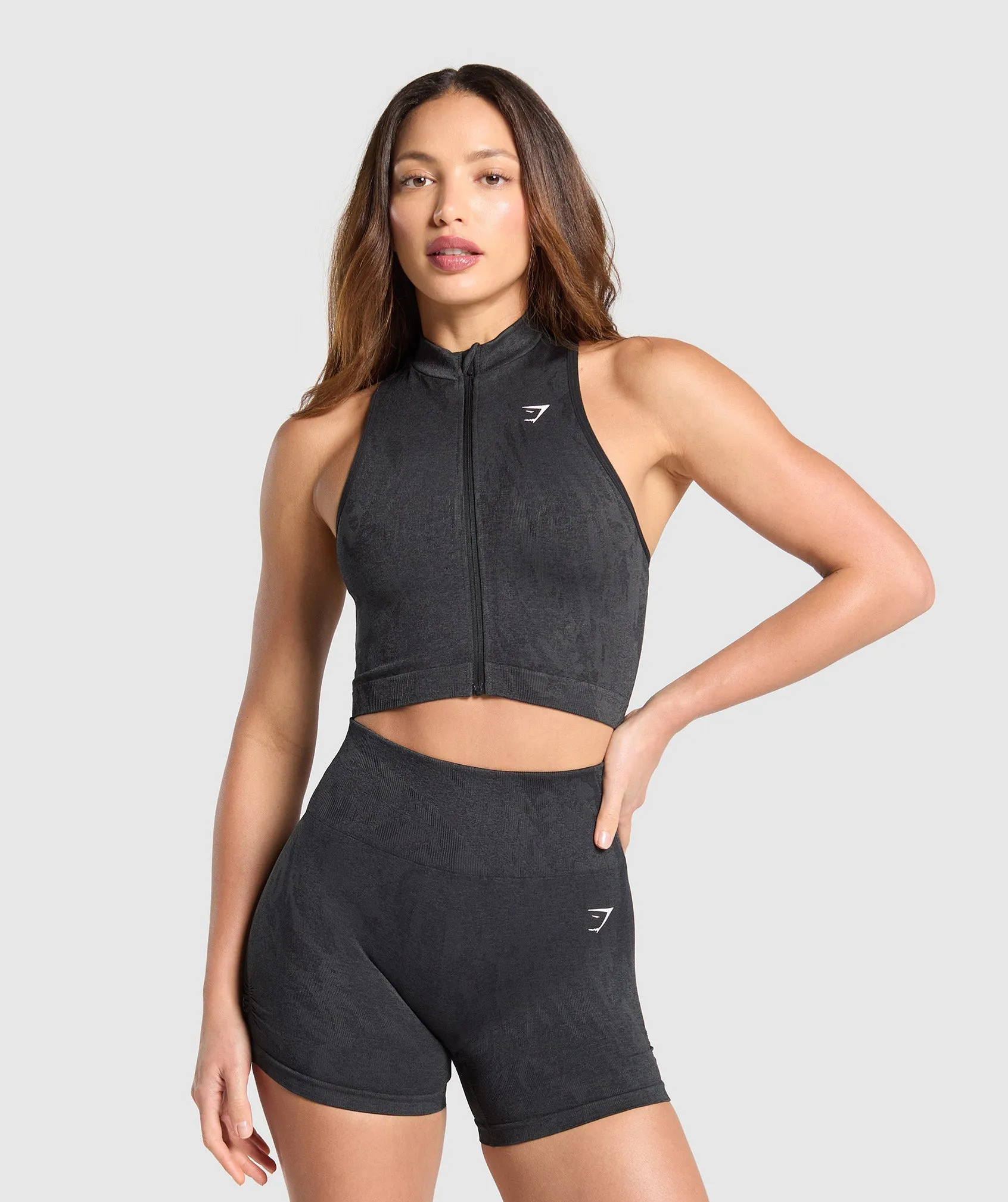 Gymshark Adapt Camo Seamless Zip Up Crop Top - Asphalt Grey/Black sold by Gymshark