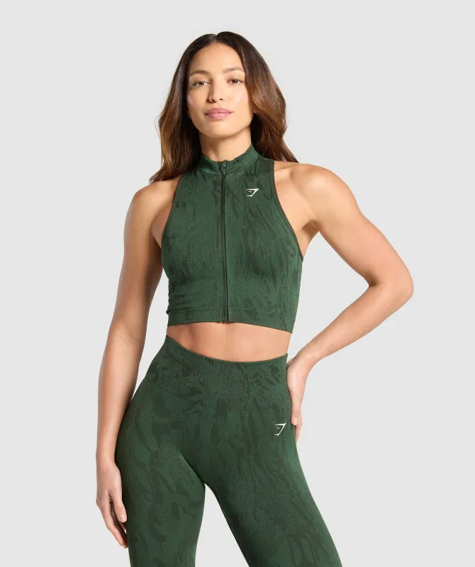 Gymshark Adapt Camo Seamless Zip Up Crop Top - Trail Green/Classic Green sold by Gymshark
