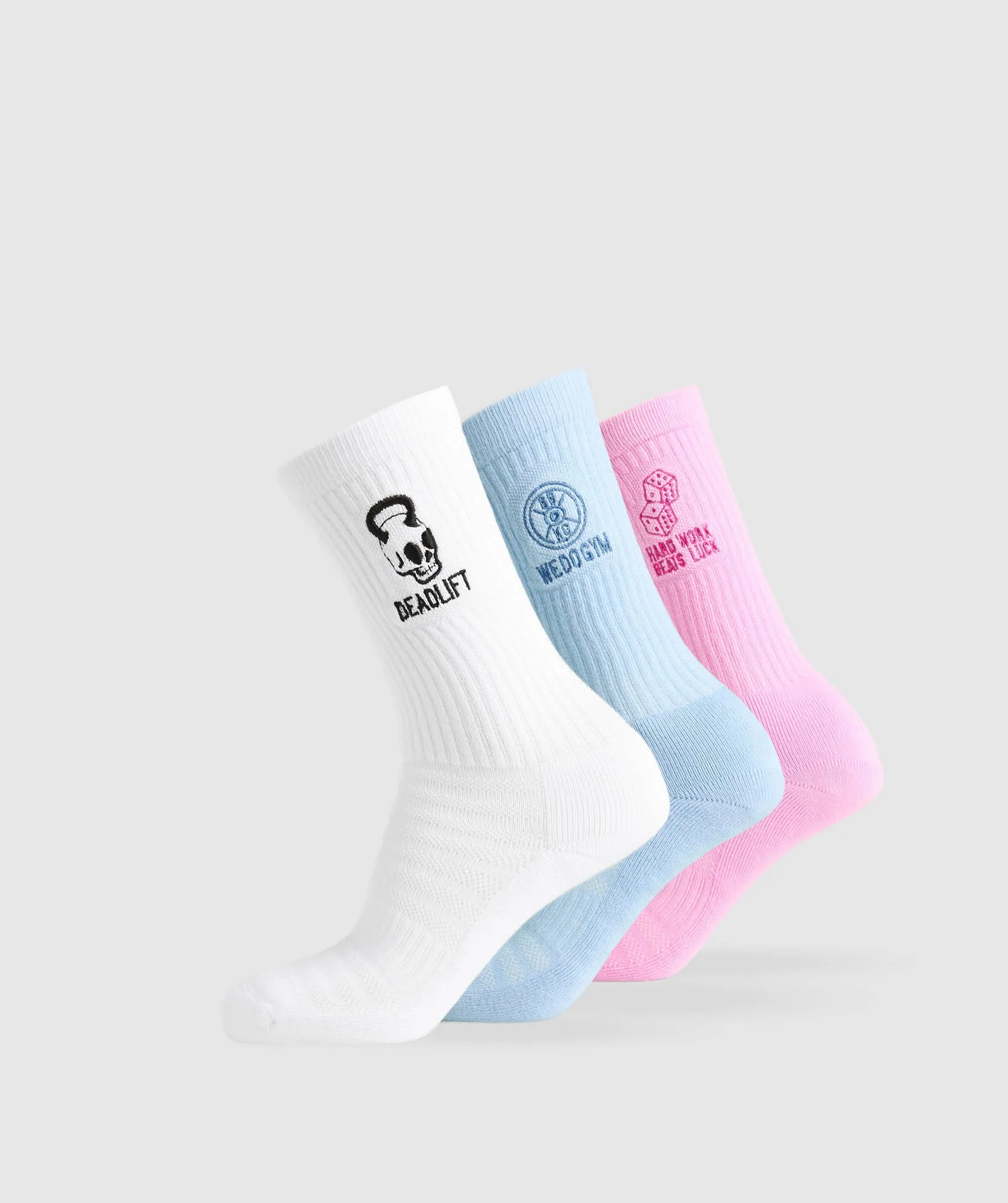 Gymshark Character Crew Sock 3pk - White/Gentle Blue/Sour Pink sold by Gymshark