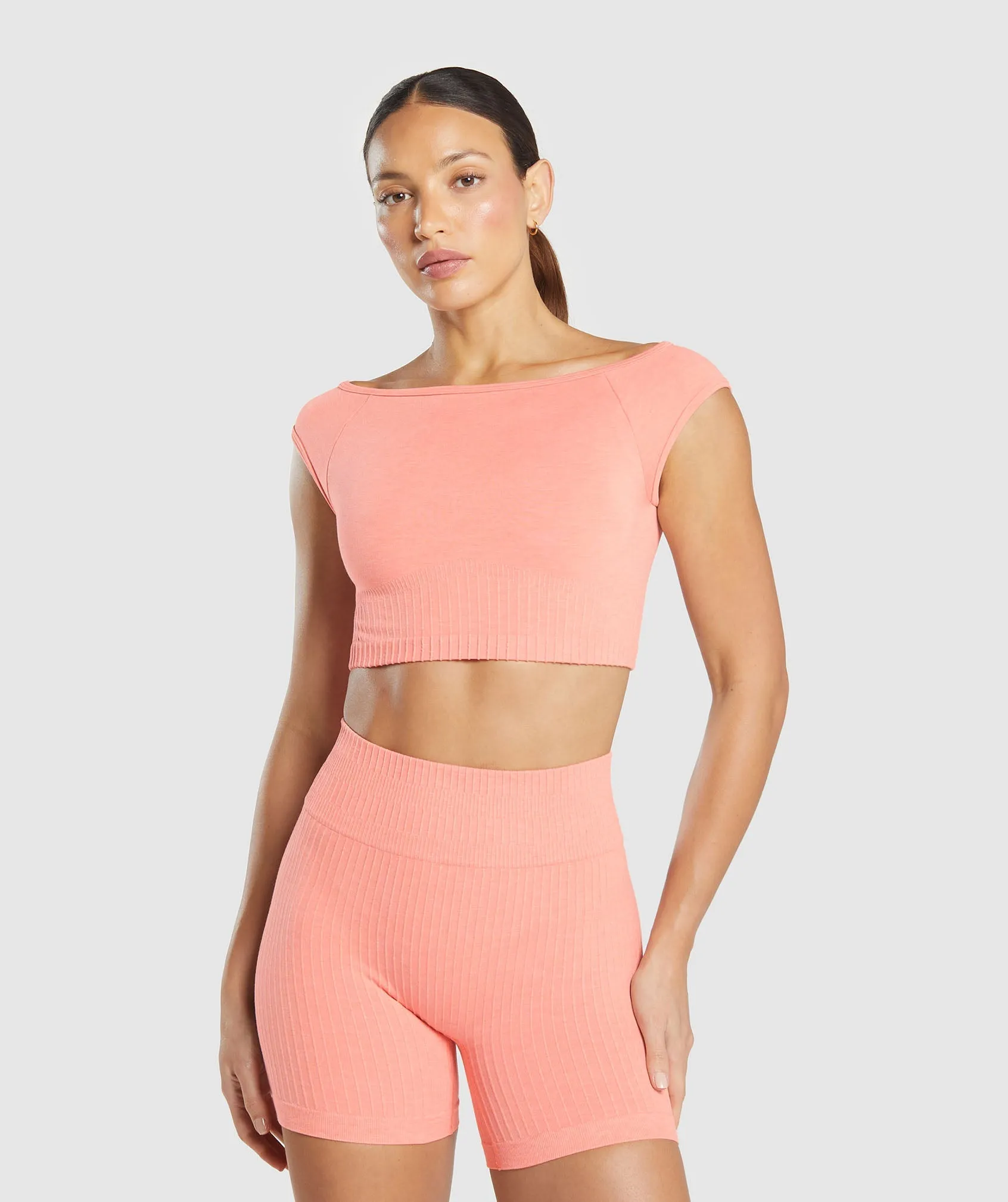 Gymshark Luxe Seamless Boat Neck Crop Top - Bros Muted Coral Marl sold by Gymshark
