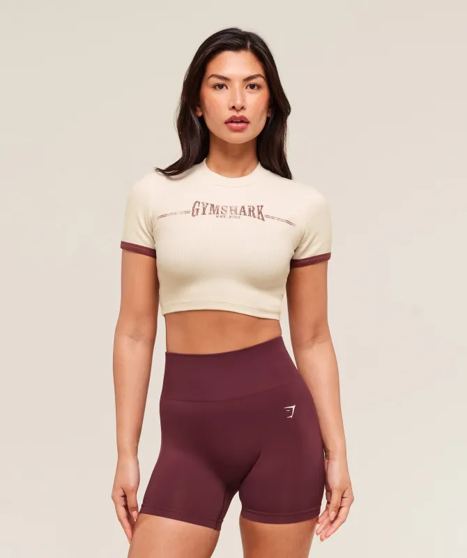 Gymshark Ribbed Cotton Crop Top - Oat White/Burgundy Brown sold by Gymshark