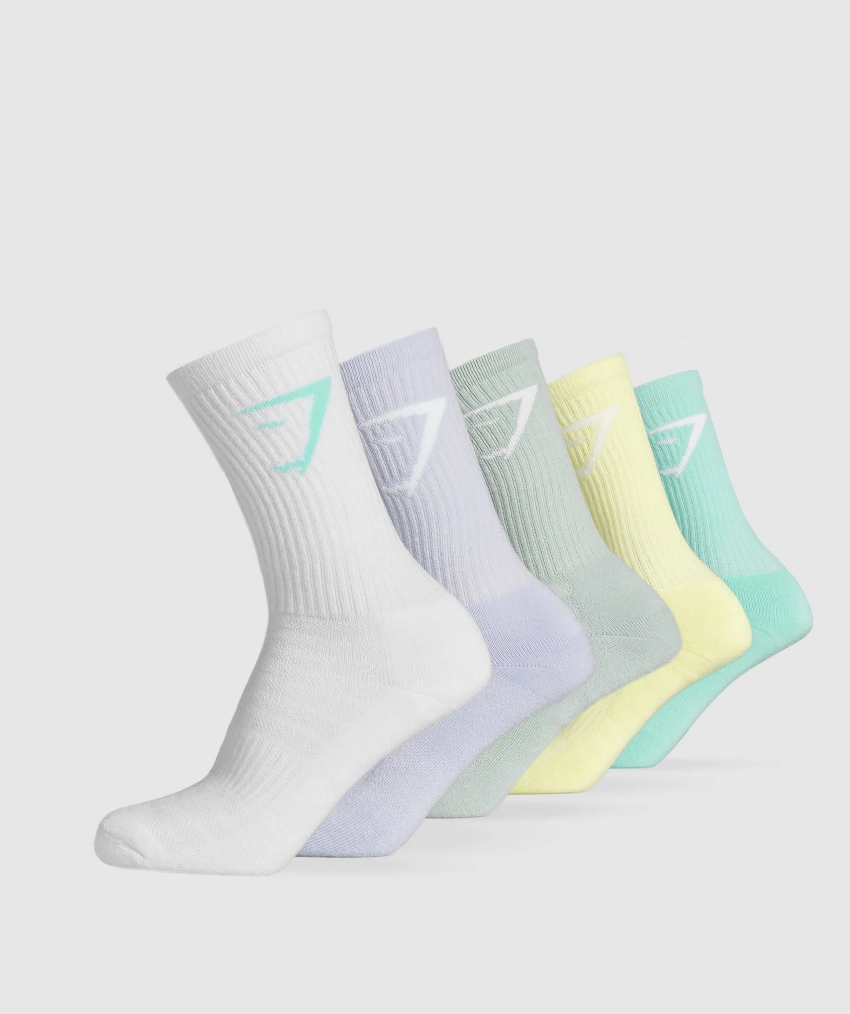 Gymshark Crew Socks 5pk - Pop Turquoise/Fresh Lilac/Morning Blue/Refresh Yellow/White sold by Gymshark