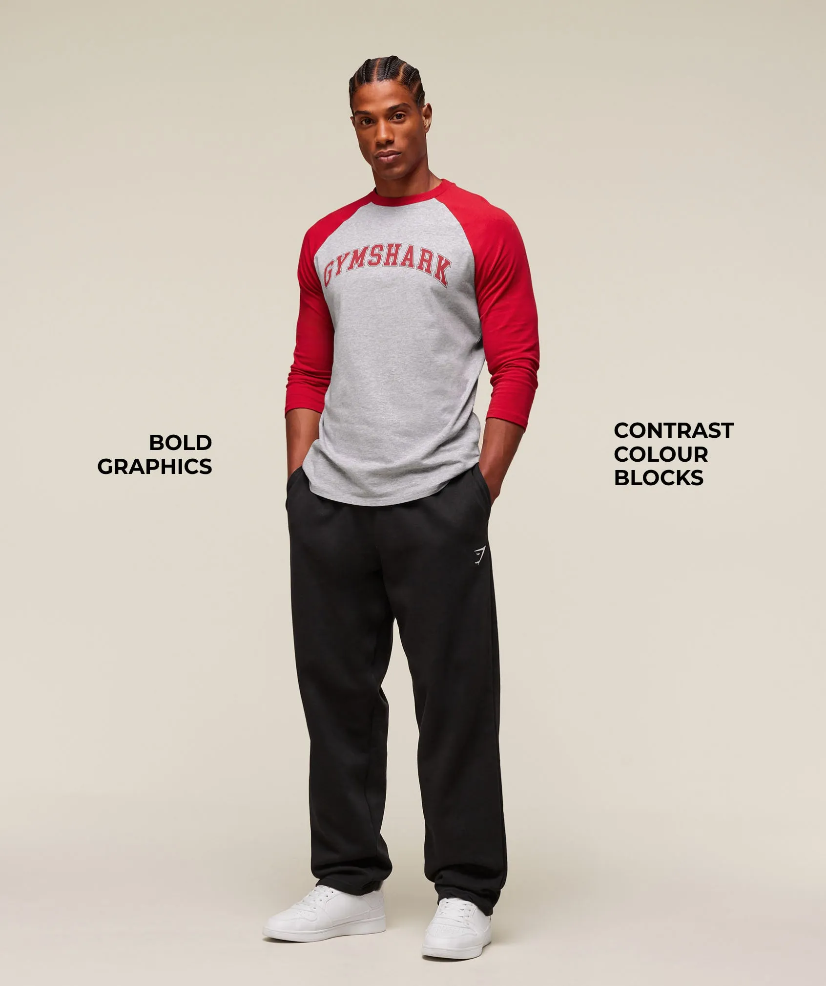 Gymshark GSLC Raglan 3/4 Sleeve T-Shirt - Light Grey Core Marl/Conditioning Red sold by Gymshark product image thumbnail 3