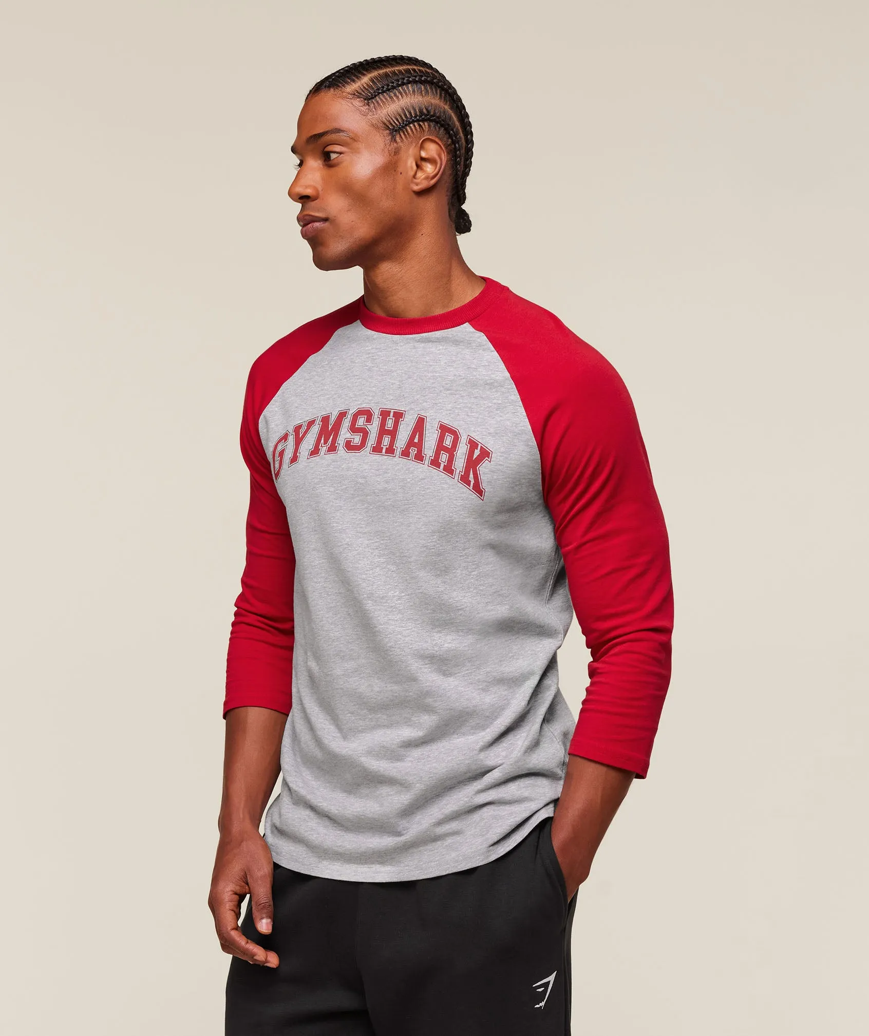 Gymshark GSLC Raglan 3/4 Sleeve T-Shirt - Light Grey Core Marl/Conditioning Red sold by Gymshark product image thumbnail 4