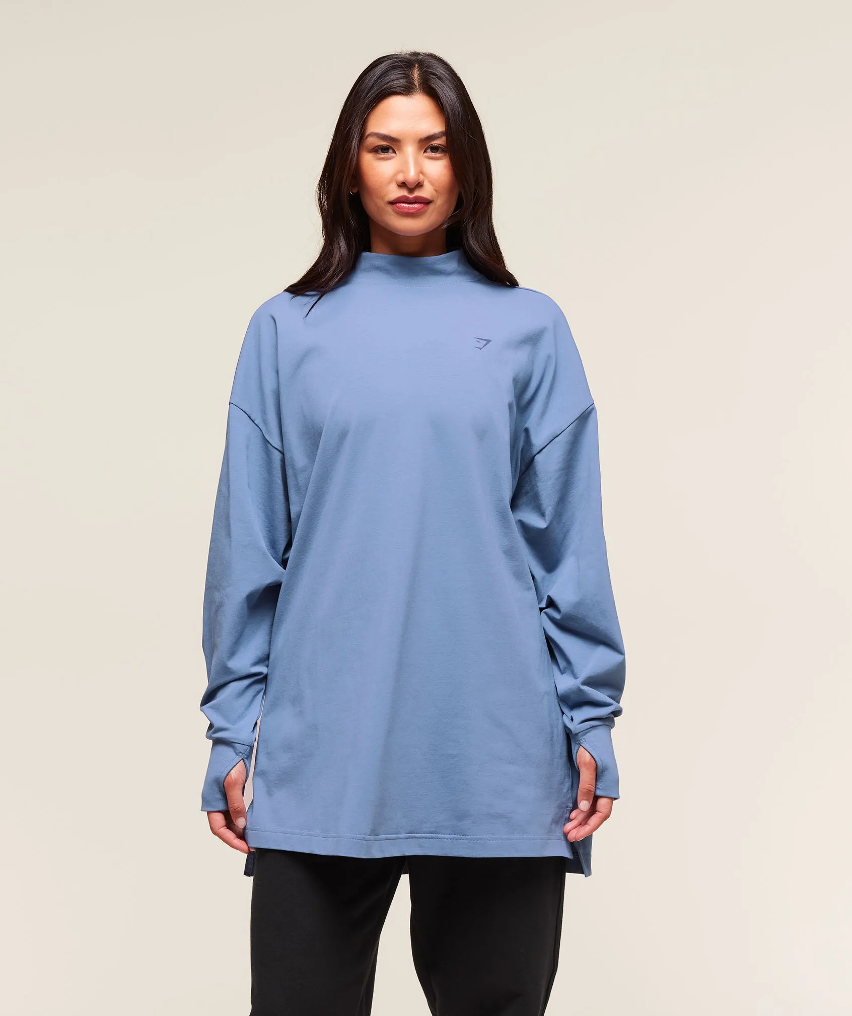 Gymshark Covered Longline Cotton Long Sleeve Top - Worn Blue sold by Gymshark
